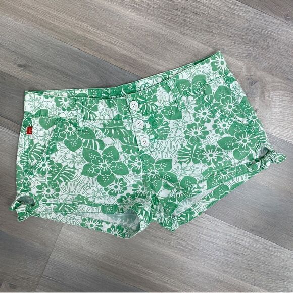 Bongo Tropical Print Button Fly Chino Shorts Green White Juniors 5 - Picture 1 of 8